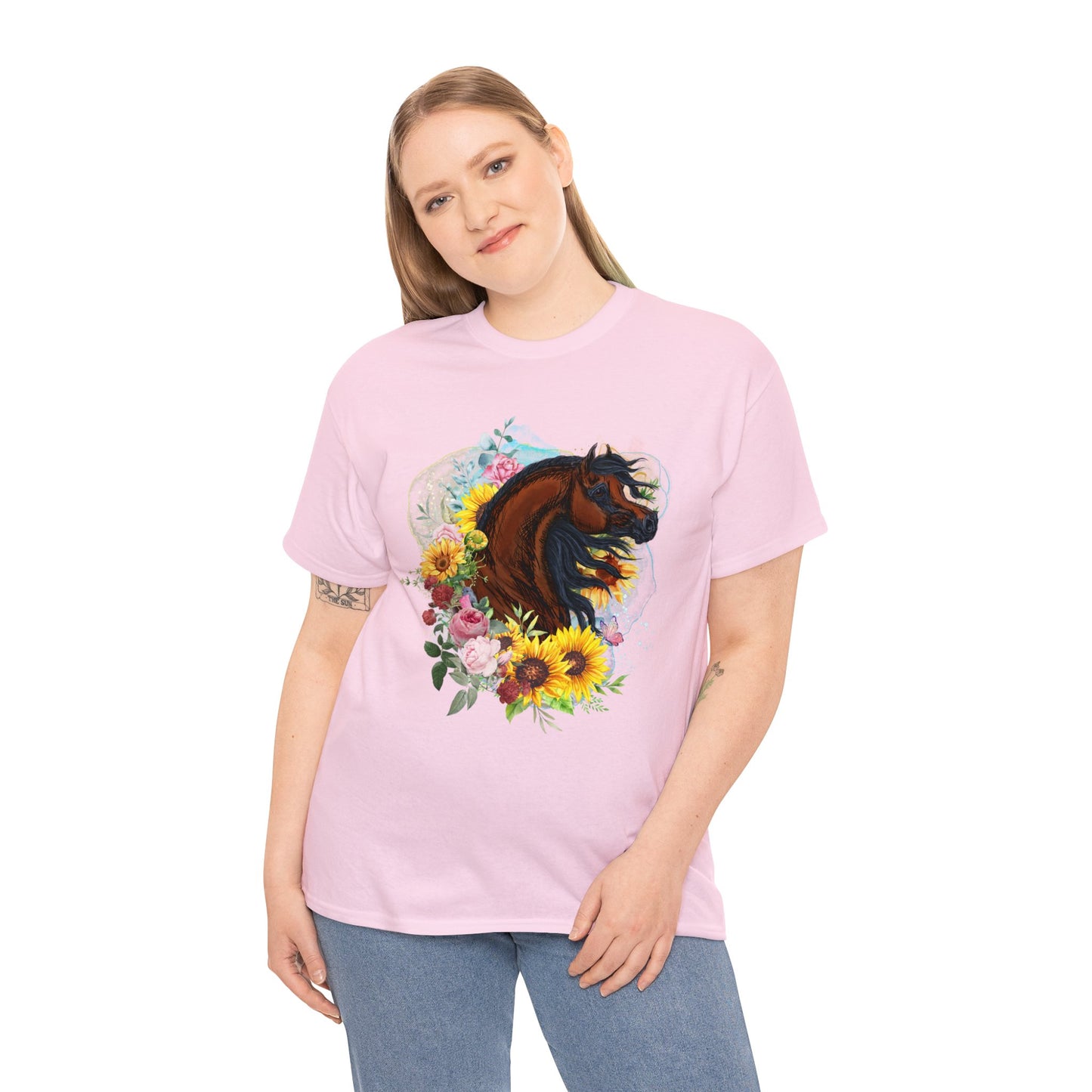 Bay Arabian Horse Tee with Roses, Sunflowers, Bird and Butterfly Art Graphic Gift for Horse Lover Equestrian Riding Shirt