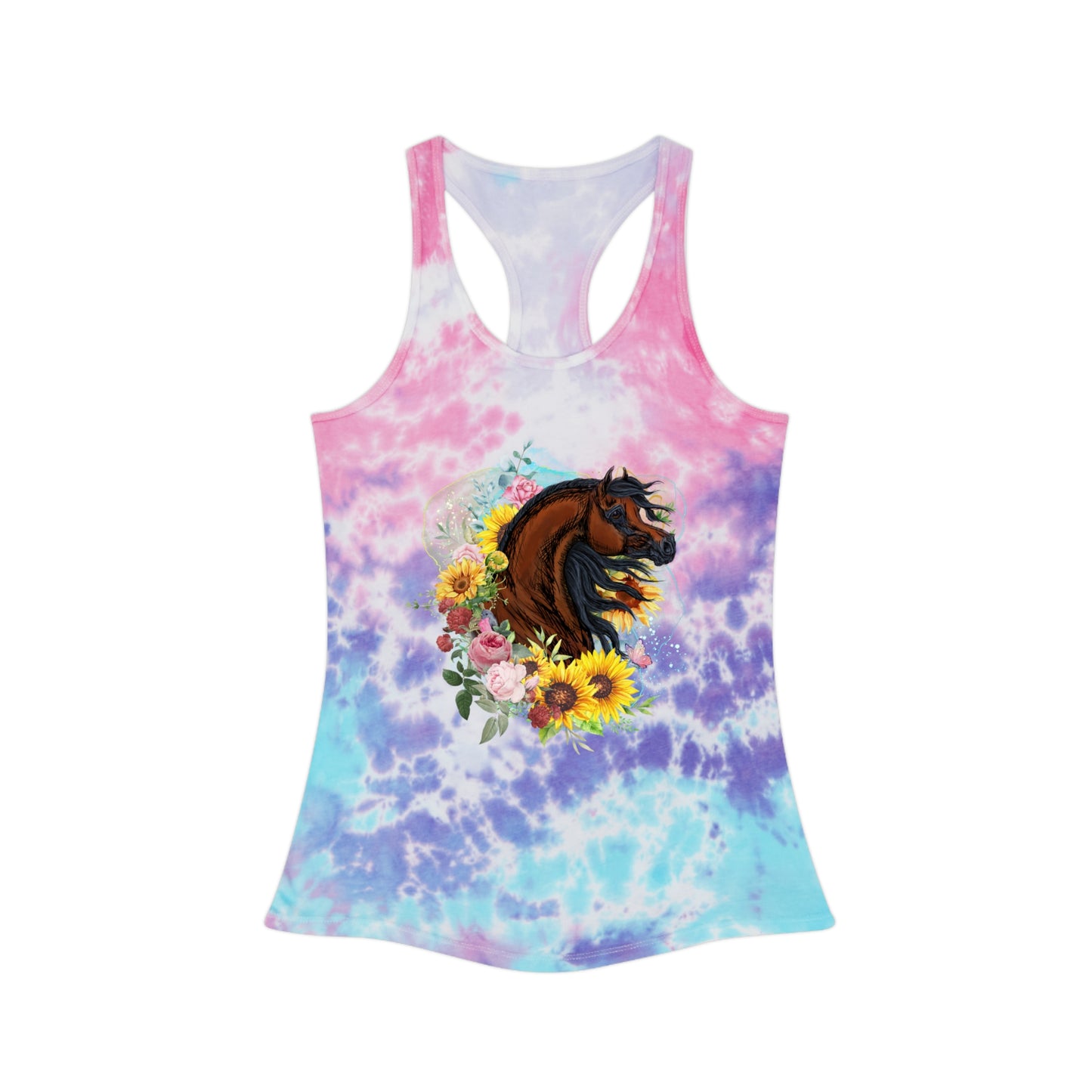 Unique Tie-Dye Racer Back Tank Top with Bay Arabian Horse, Sunflowers and Roses Equestrian Shirt Gift for Horse lover