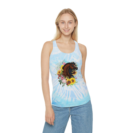 Unique Tie-Dye Racer Back Tank Top with Bay Arabian Horse, Sunflowers and Roses Equestrian Shirt Gift for Horse lover