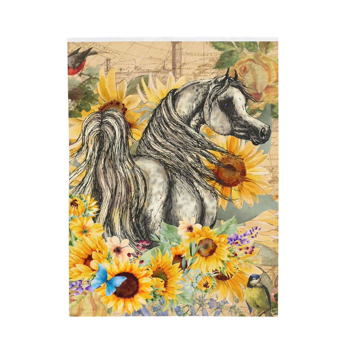 Arabian Horse with Sunflowers, Roses and Birds Plush Blanket