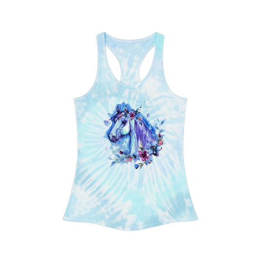 Blue with flowers Horse RodeoTie Dye Racerback Tank Top Barrel Racing Horse shirt