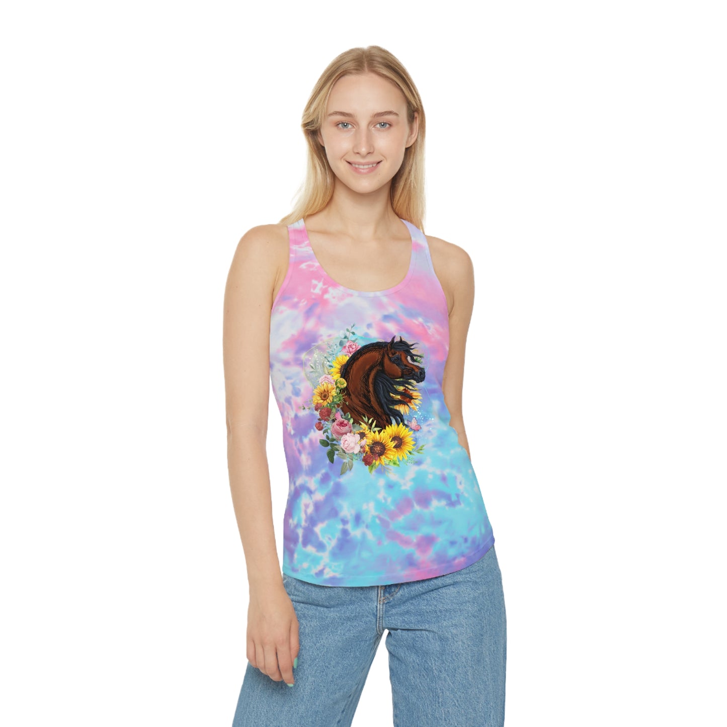 Unique Tie-Dye Racer Back Tank Top with Bay Arabian Horse, Sunflowers and Roses Equestrian Shirt Gift for Horse lover