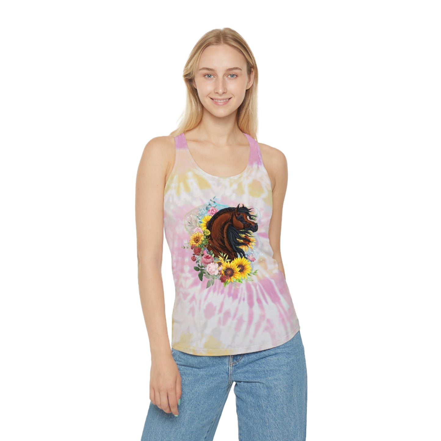 Unique Tie-Dye Racer Back Tank Top with Bay Arabian Horse, Sunflowers and Roses Equestrian Shirt Gift for Horse lover