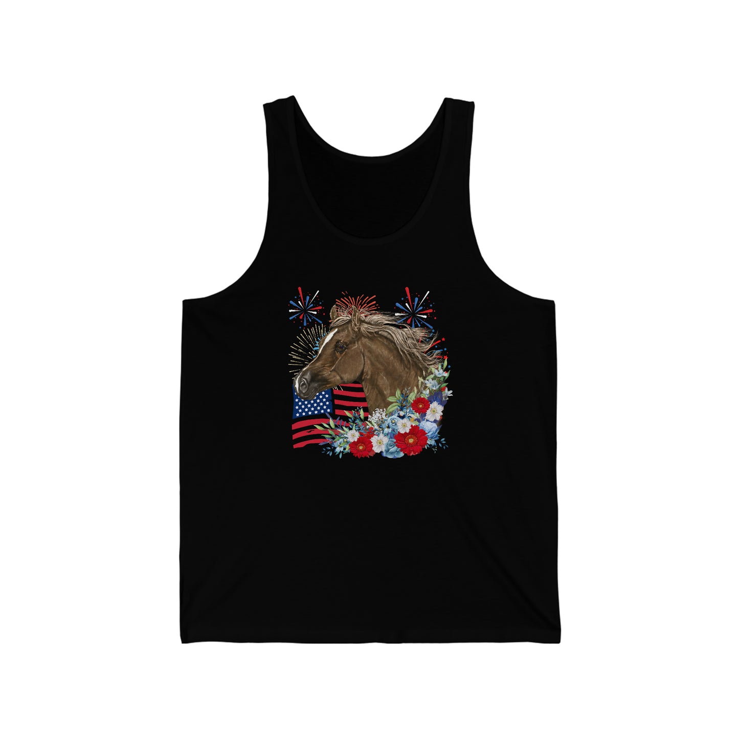 Patriotic Horse Tank Top with American Flag and Fireworks Graphic