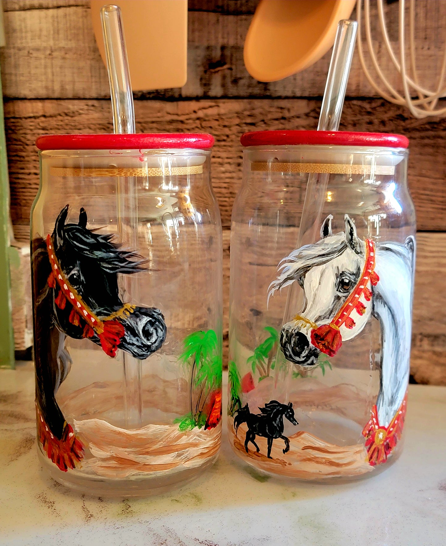 Pair of Hand Painted Arabian Horse glass Mason Jar Tumblers