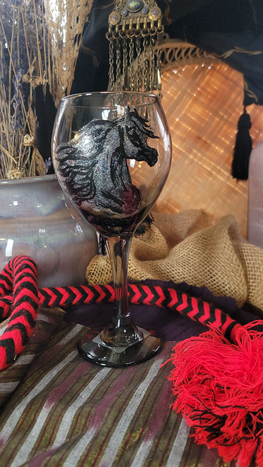Arabian Horse Silver Sparkle Hand Painted Wine Glass