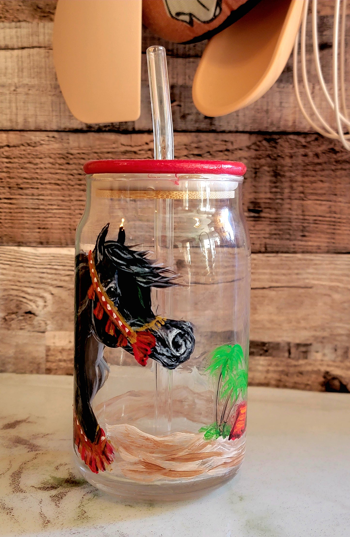 Pair of Hand Painted Arabian Horse glass Mason Jar Tumblers