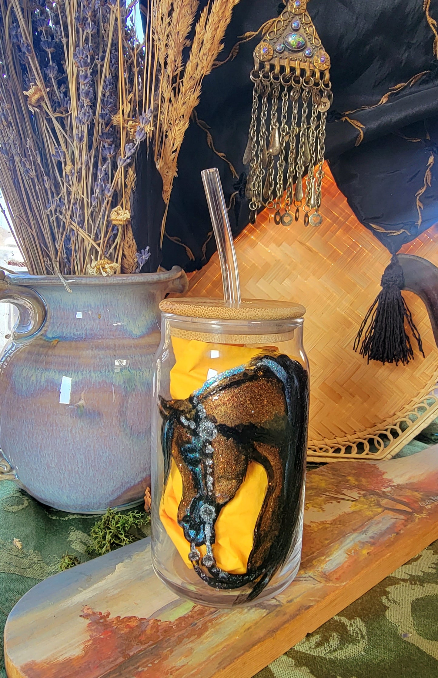 Arabian Horse Western Pleasure Hand Painted Glitter  Glass Jar Tumbler