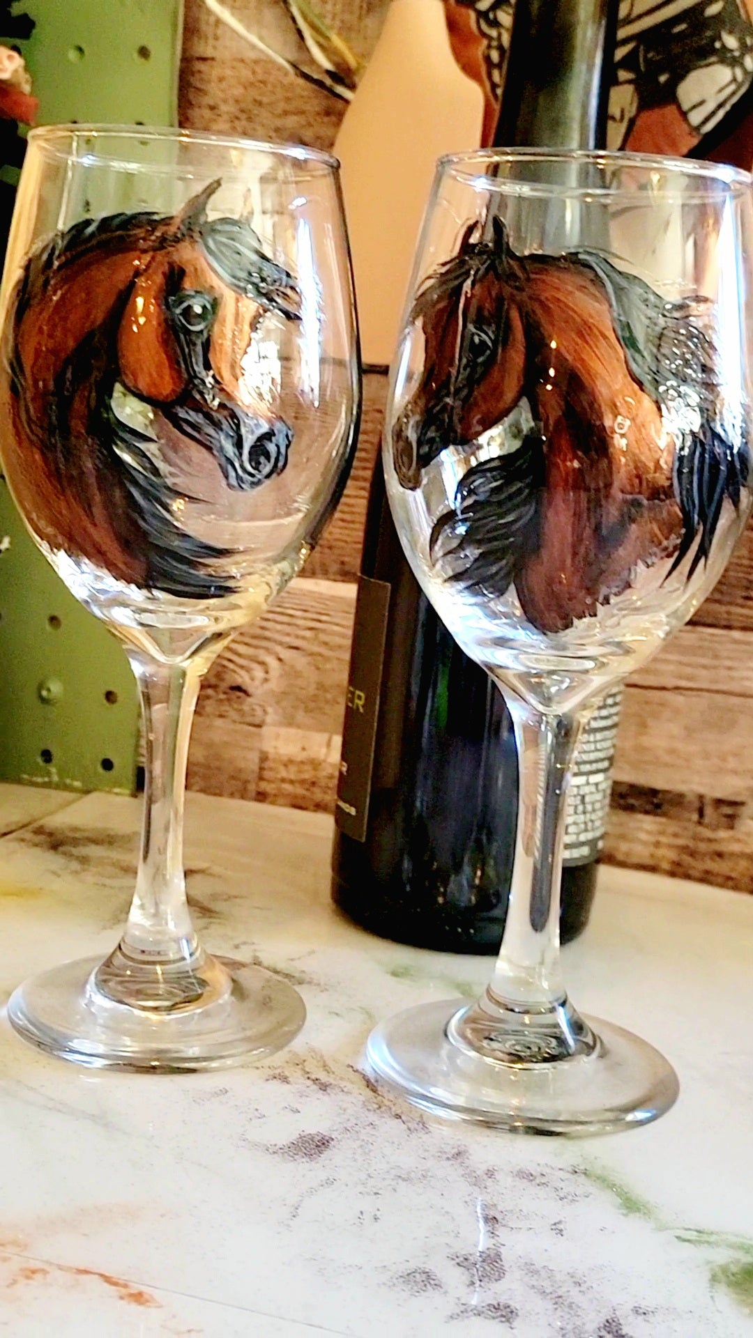 Pair of Bay Arabian Horse Wine Glasses