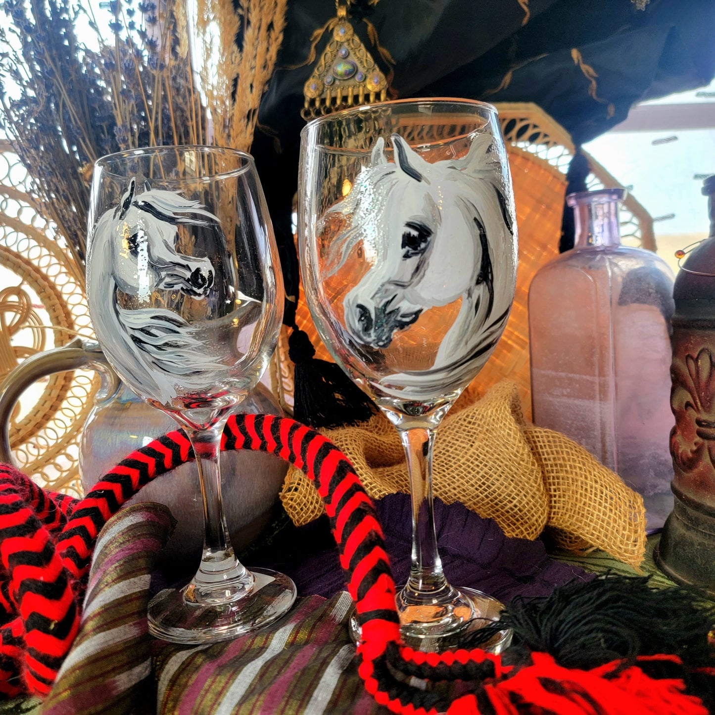 Pair of Grey Hand Painted Arabian Horse Wine Glasses