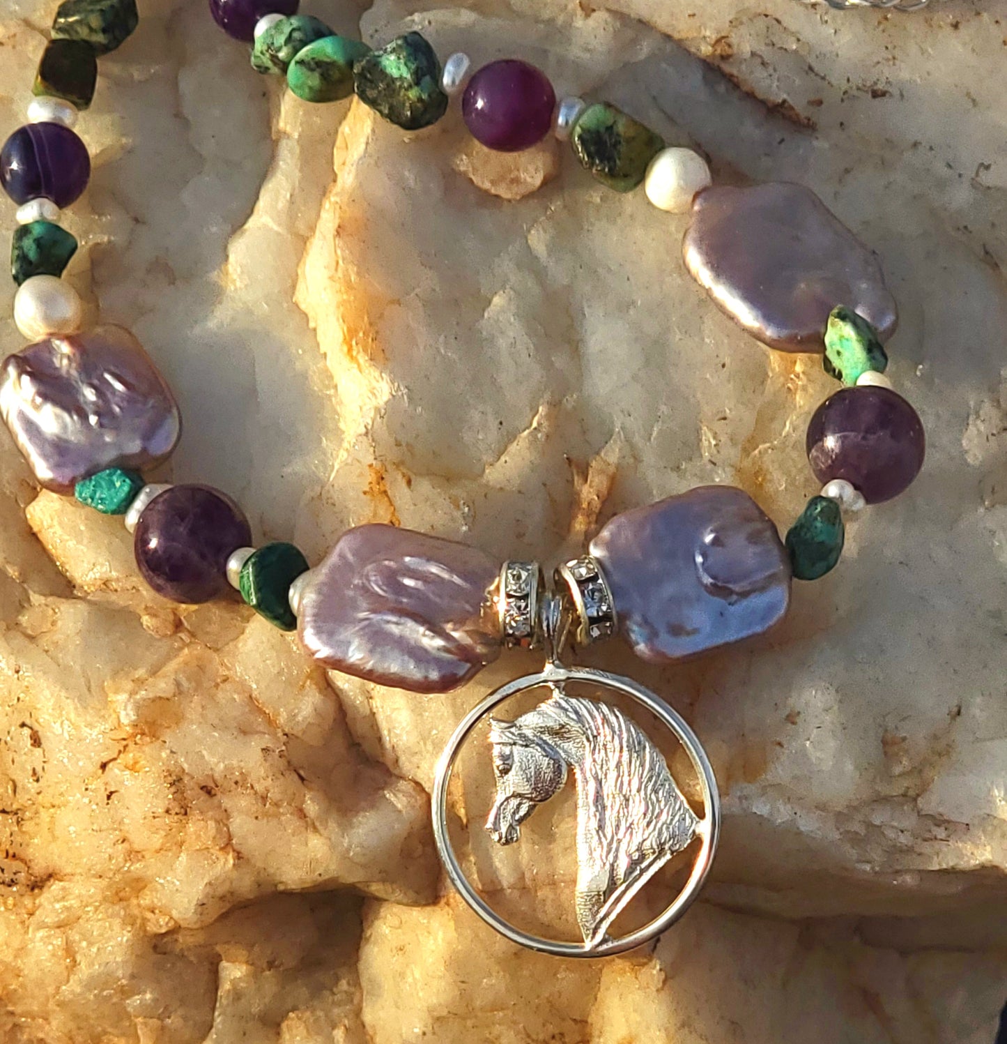 Arabian Horse Circle Adjustable Necklace Amethyst and Turquoise gemstone and sterling silver