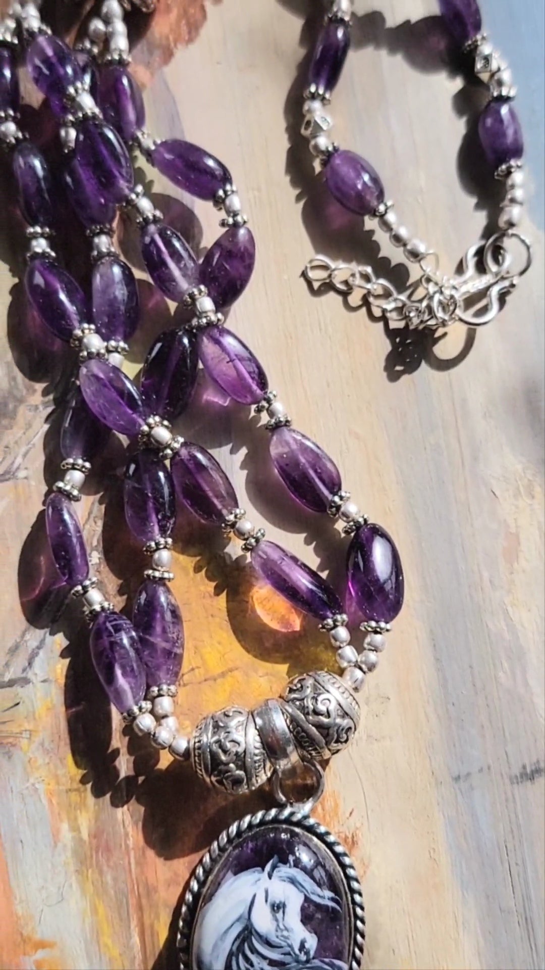 Hand Painted Arabian horse Amethyst necklace in sterling silver