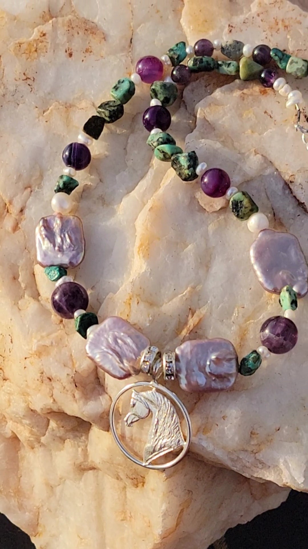 Arabian Horse Circle Adjustable Necklace Amethyst and Turquoise gemstone and sterling silver