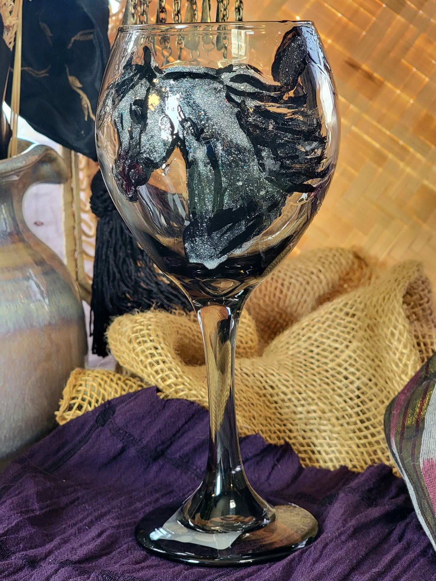 Arabian Horse Silver Glitter Heart Wine Glass