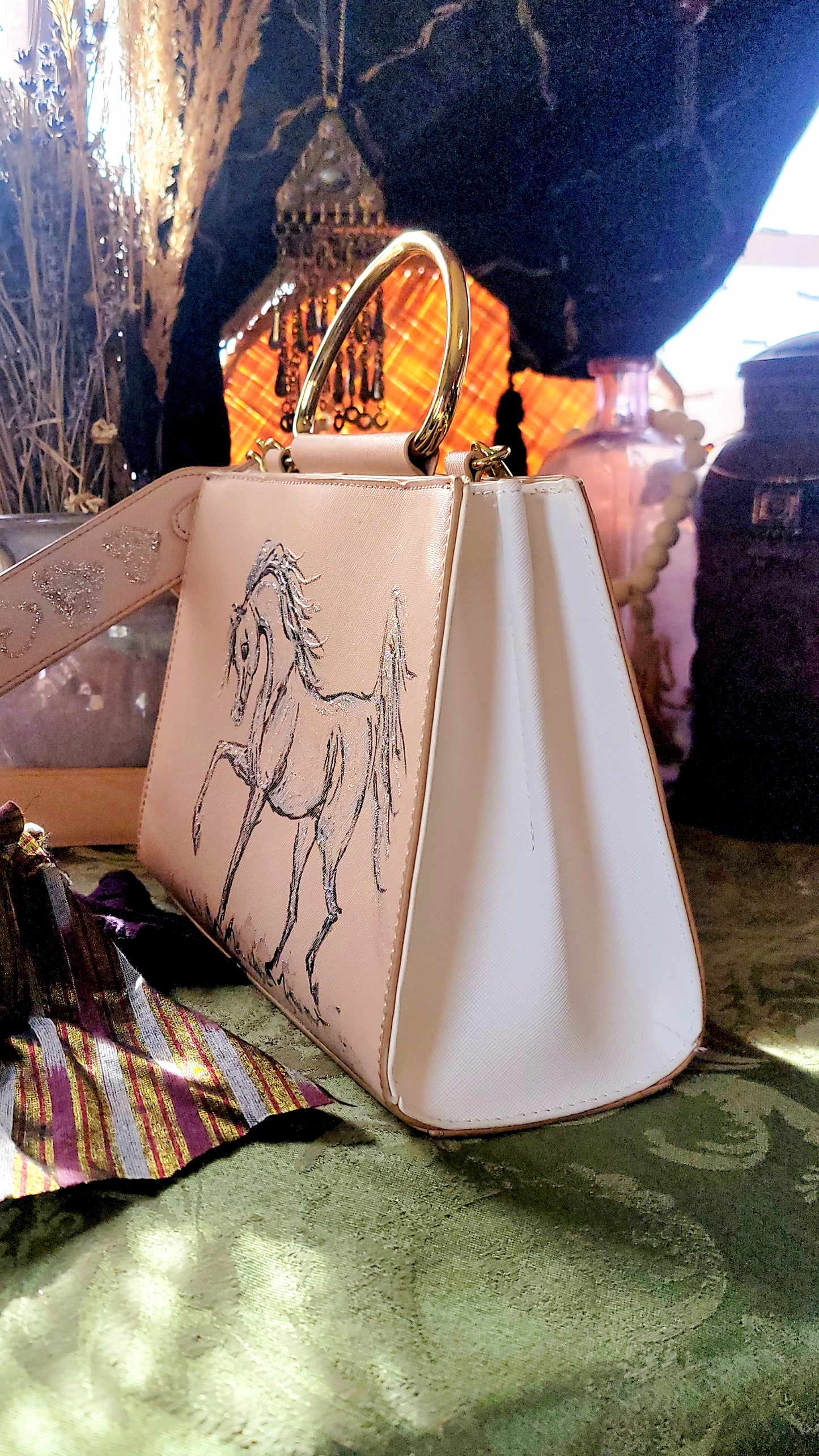 Cute Arabian Horse hand painted  upcycled pink structured handbag