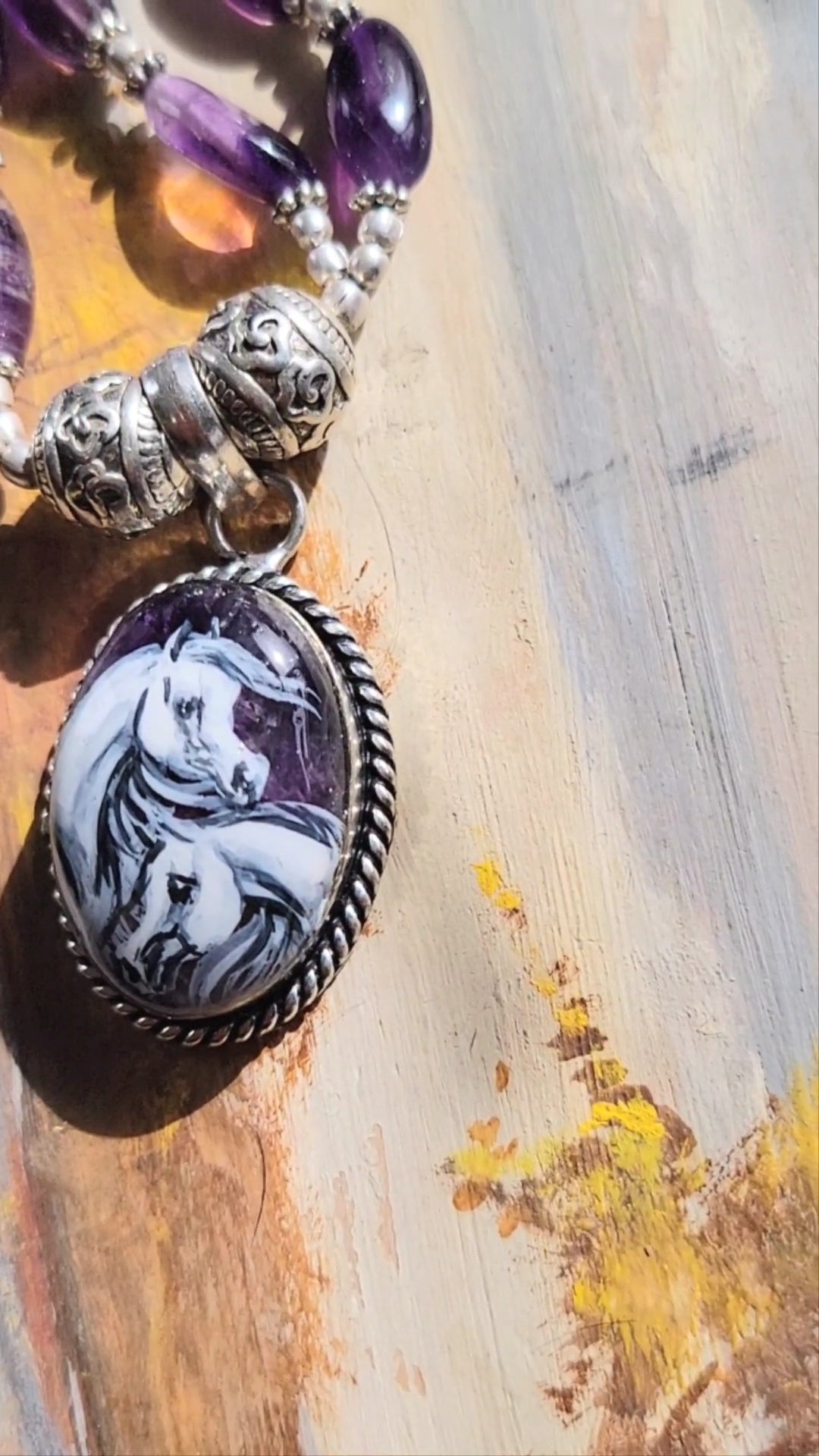 Hand Painted Arabian horse Amethyst necklace in sterling silver