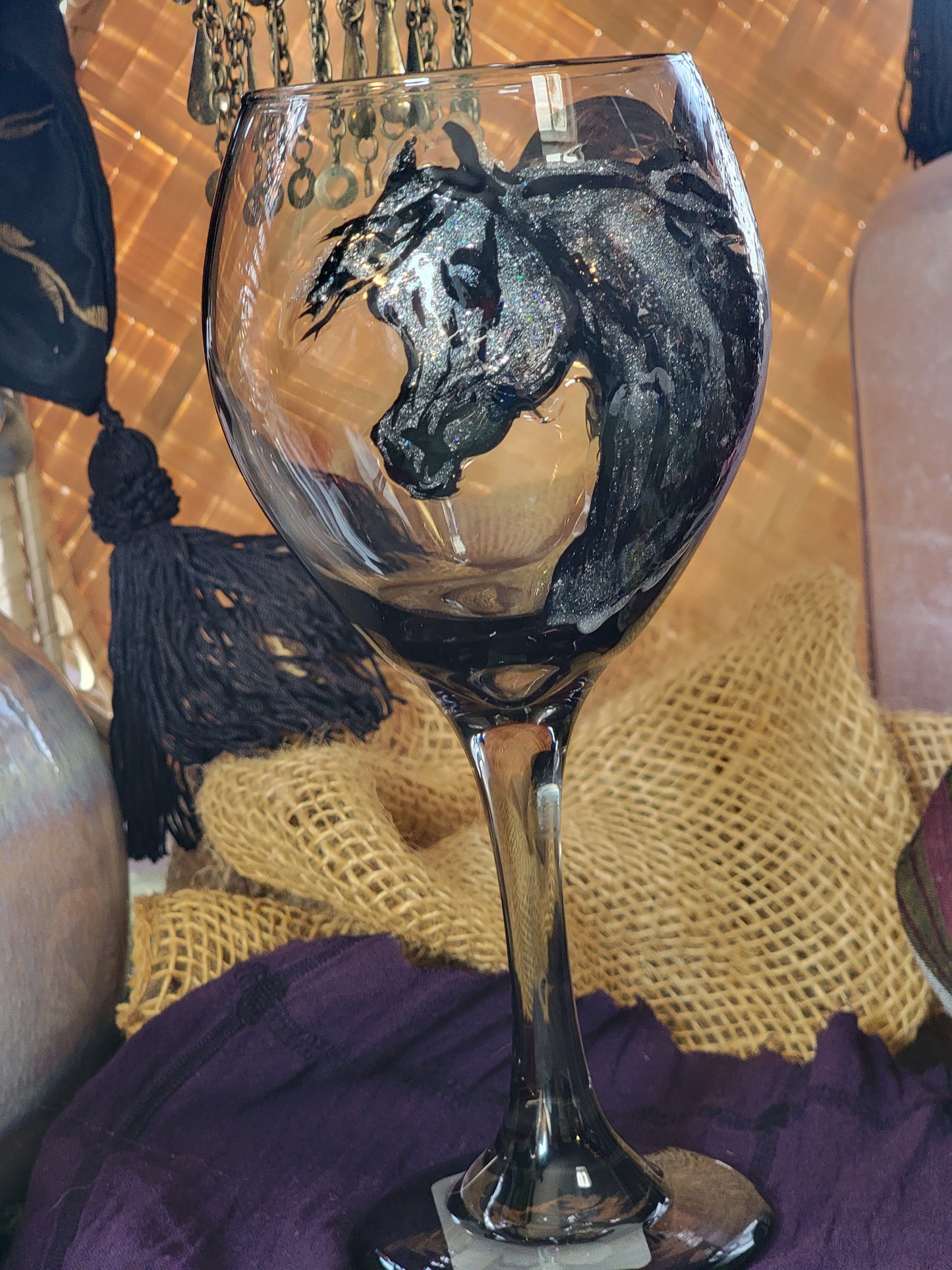 Arabian Horse Silver Glitter Heart Wine Glass