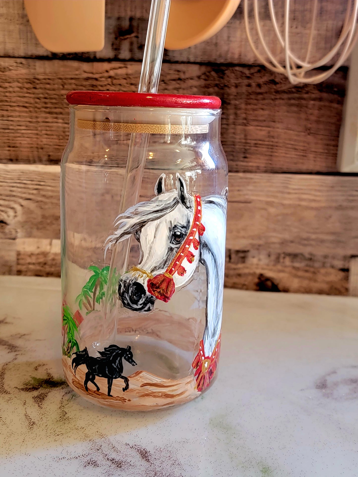 Pair of Hand Painted Arabian Horse glass Mason Jar Tumblers