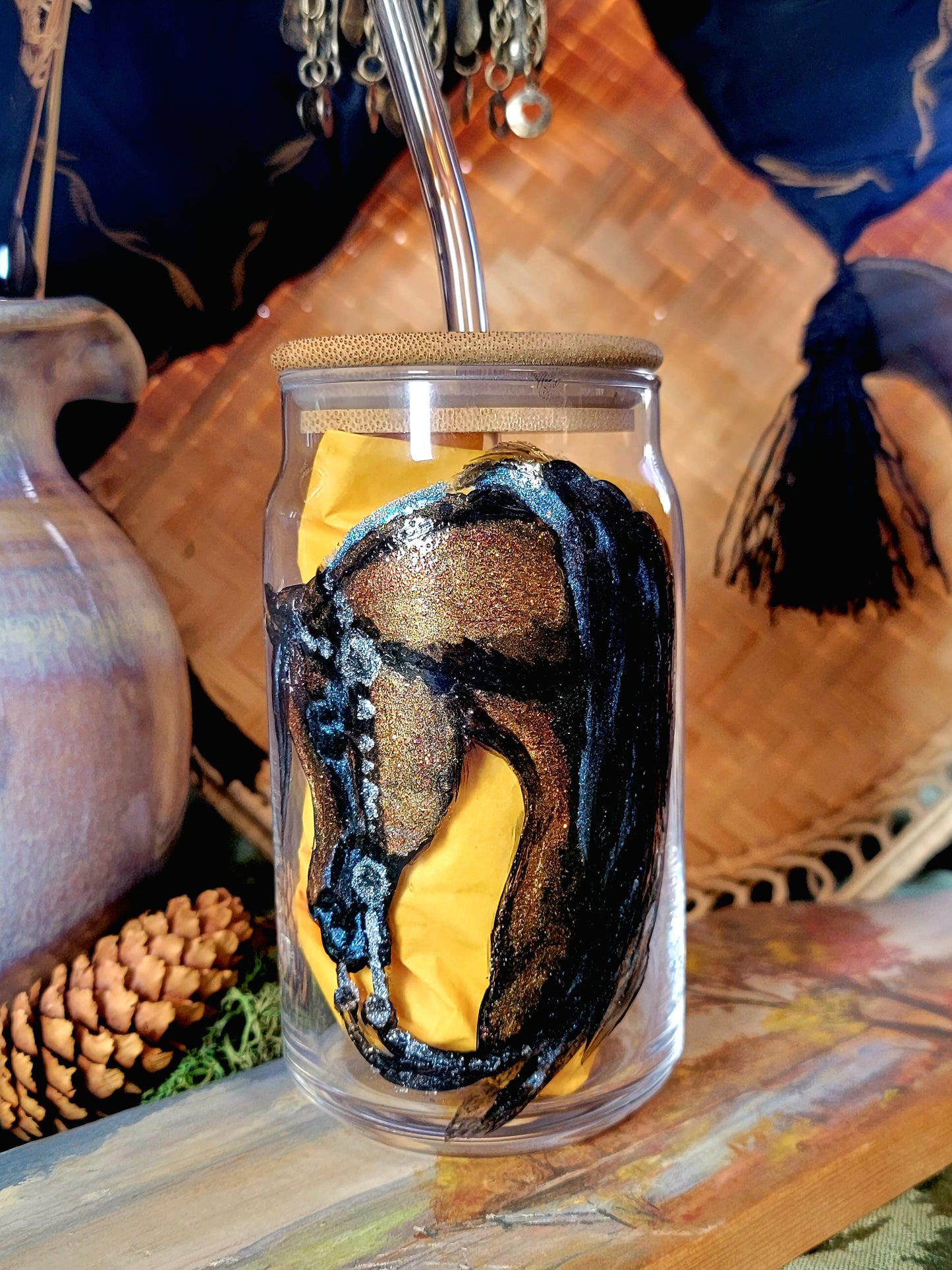 Arabian Horse Western Pleasure Hand Painted Glitter  Glass Jar Tumbler