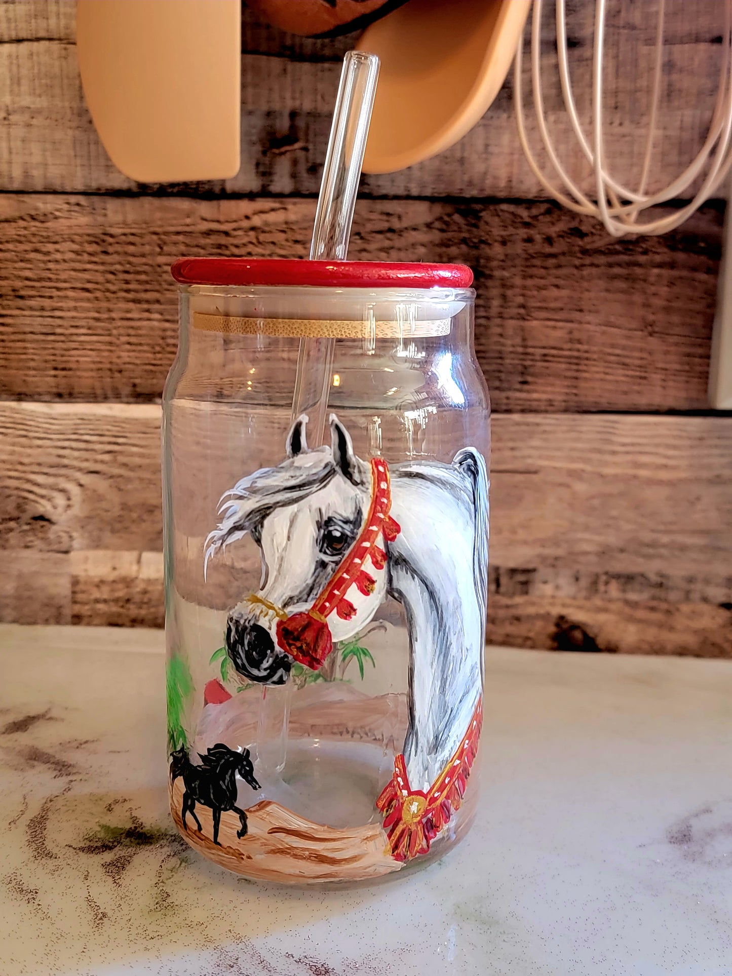 Pair of Hand Painted Arabian Horse glass Mason Jar Tumblers