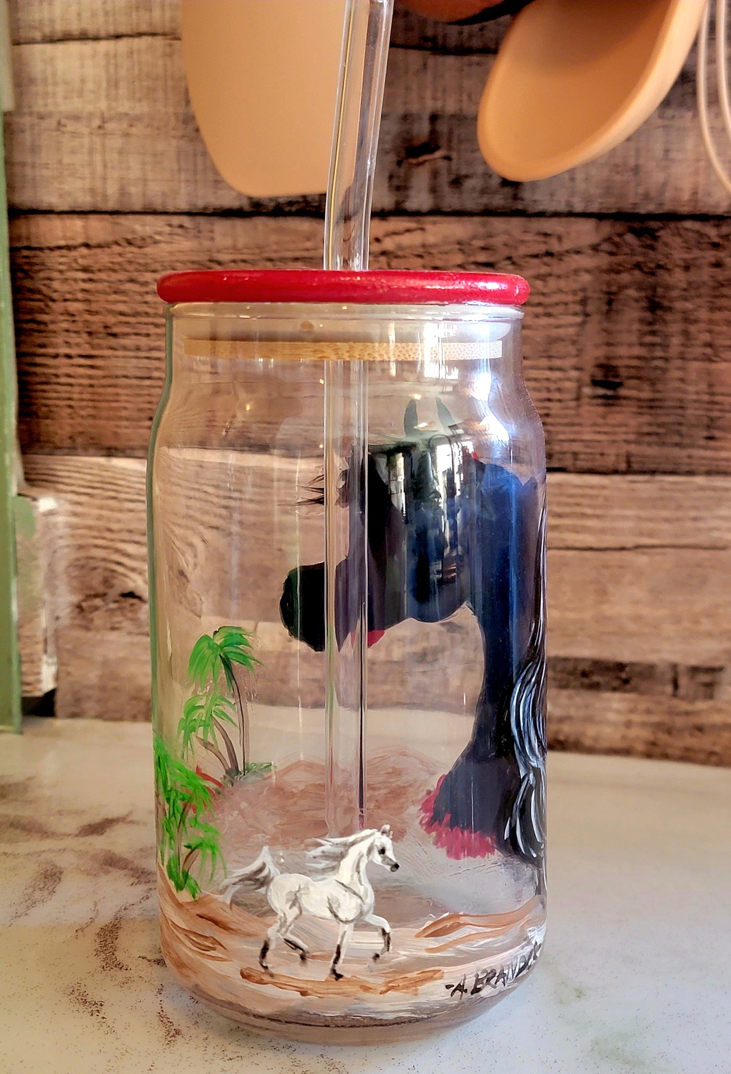 Pair of Hand Painted Arabian Horse glass Mason Jar Tumblers
