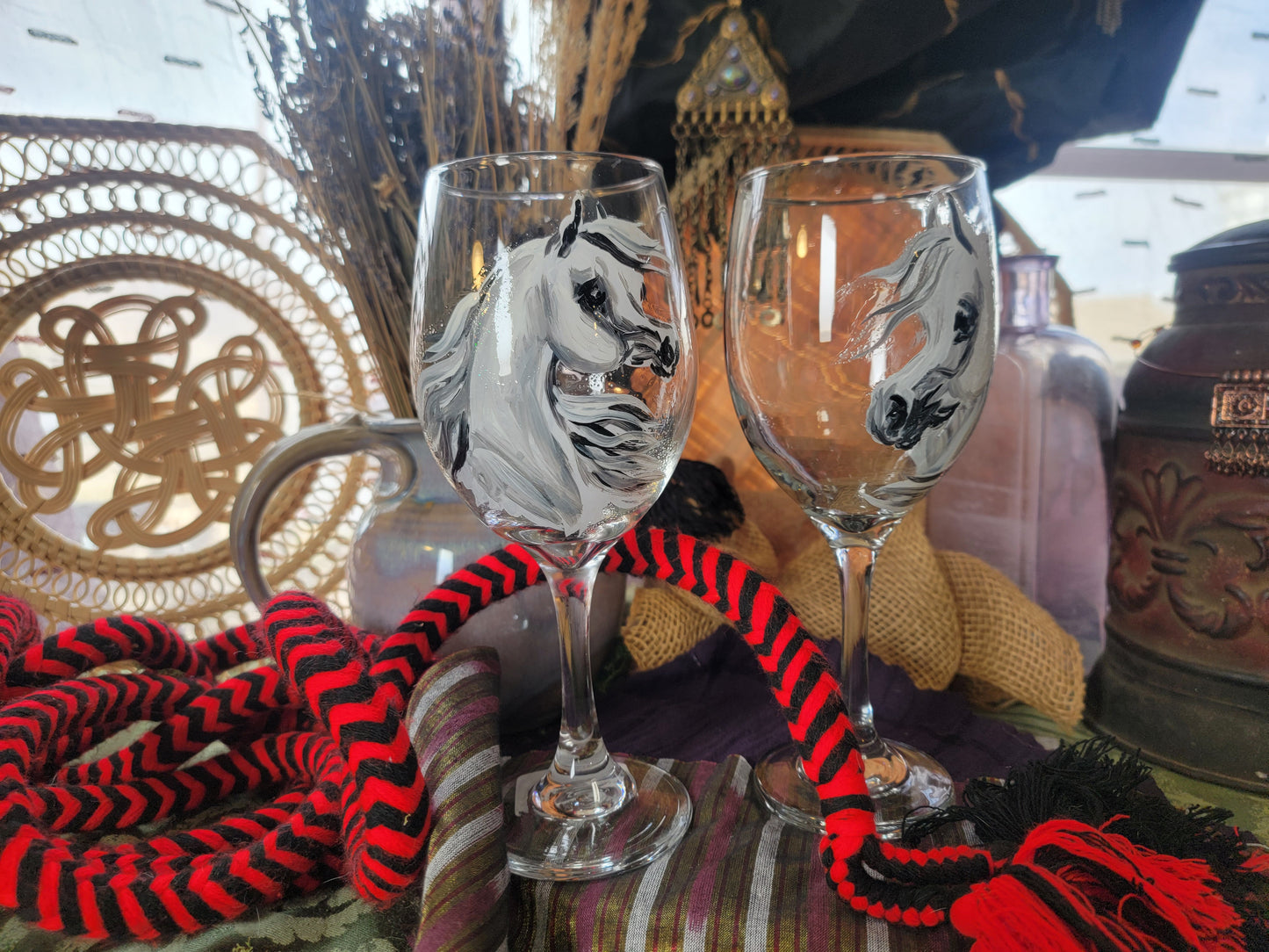 Pair of Grey Hand Painted Arabian Horse Wine Glasses