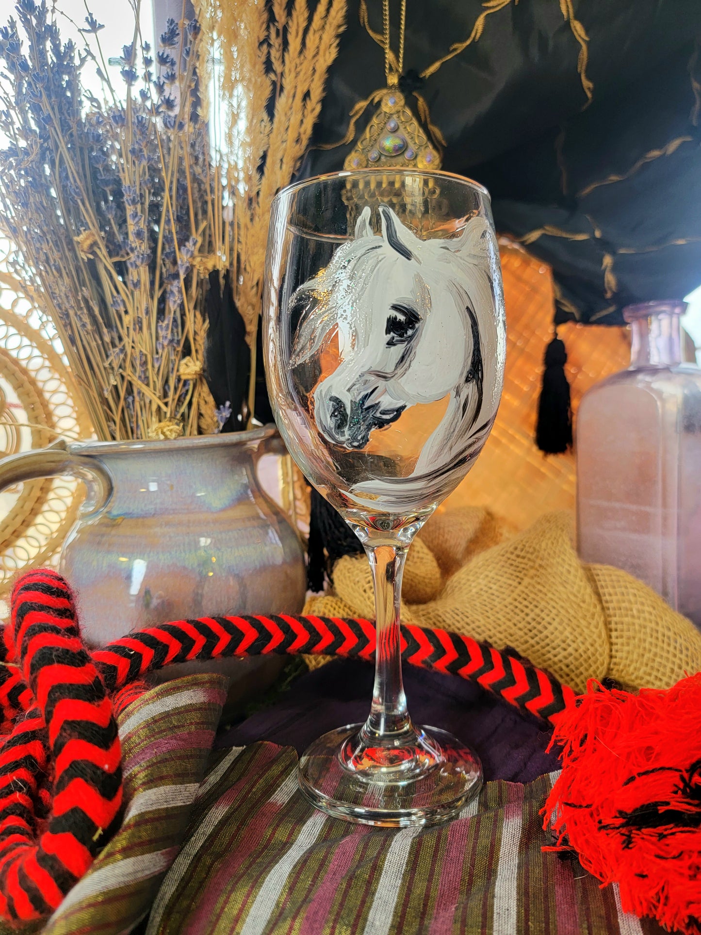 Pair of Grey Hand Painted Arabian Horse Wine Glasses