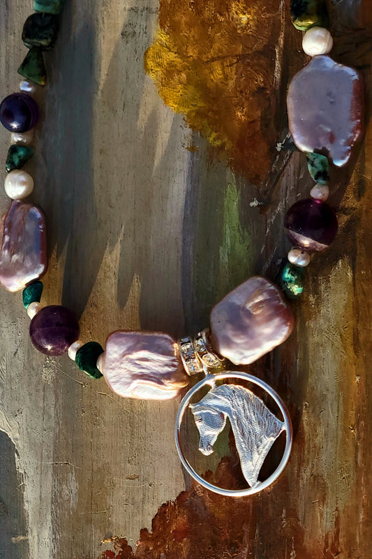 Arabian Horse Circle Adjustable Necklace Amethyst and Turquoise gemstone and sterling silver
