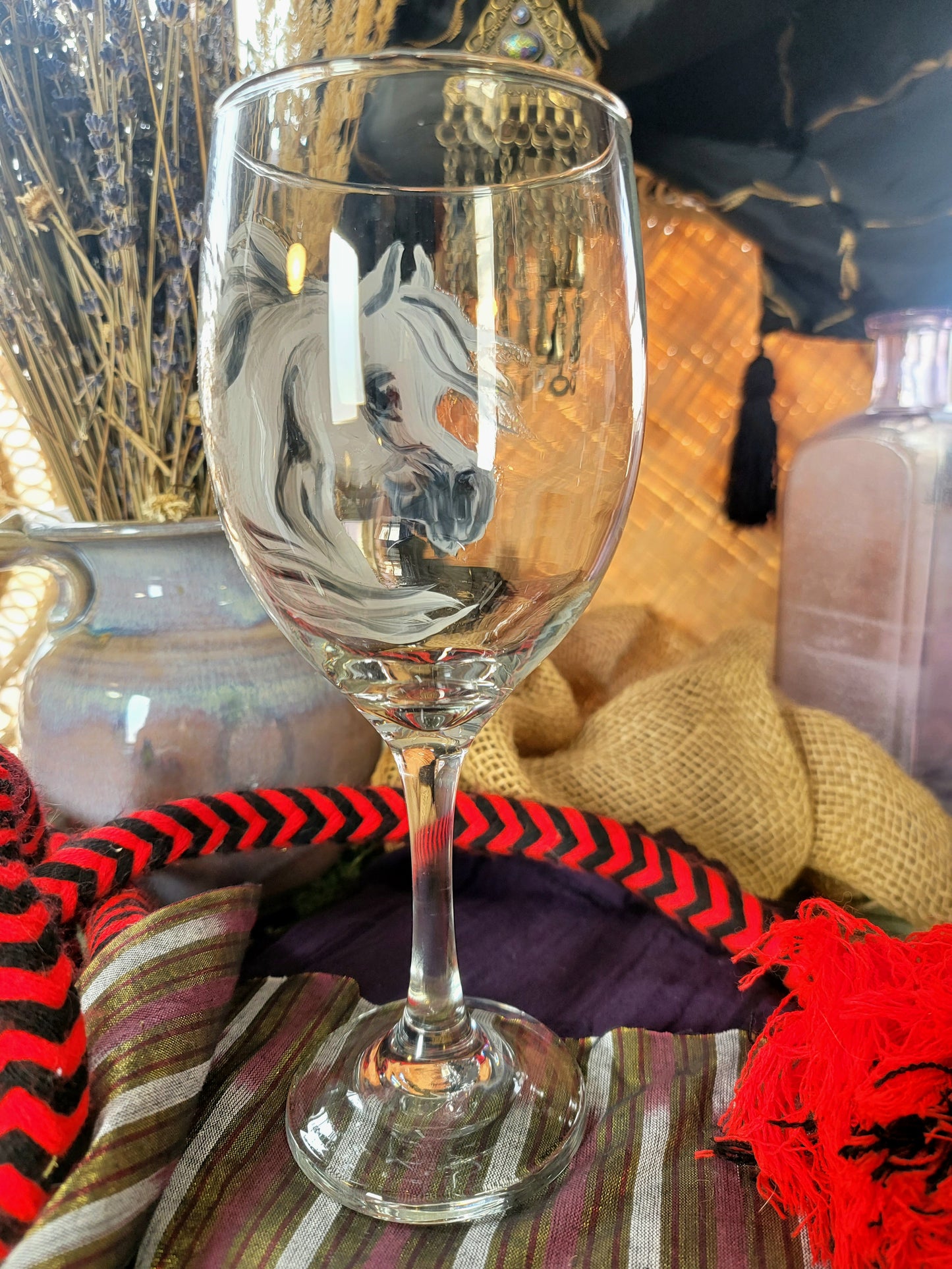 Pair of Grey Hand Painted Arabian Horse Wine Glasses