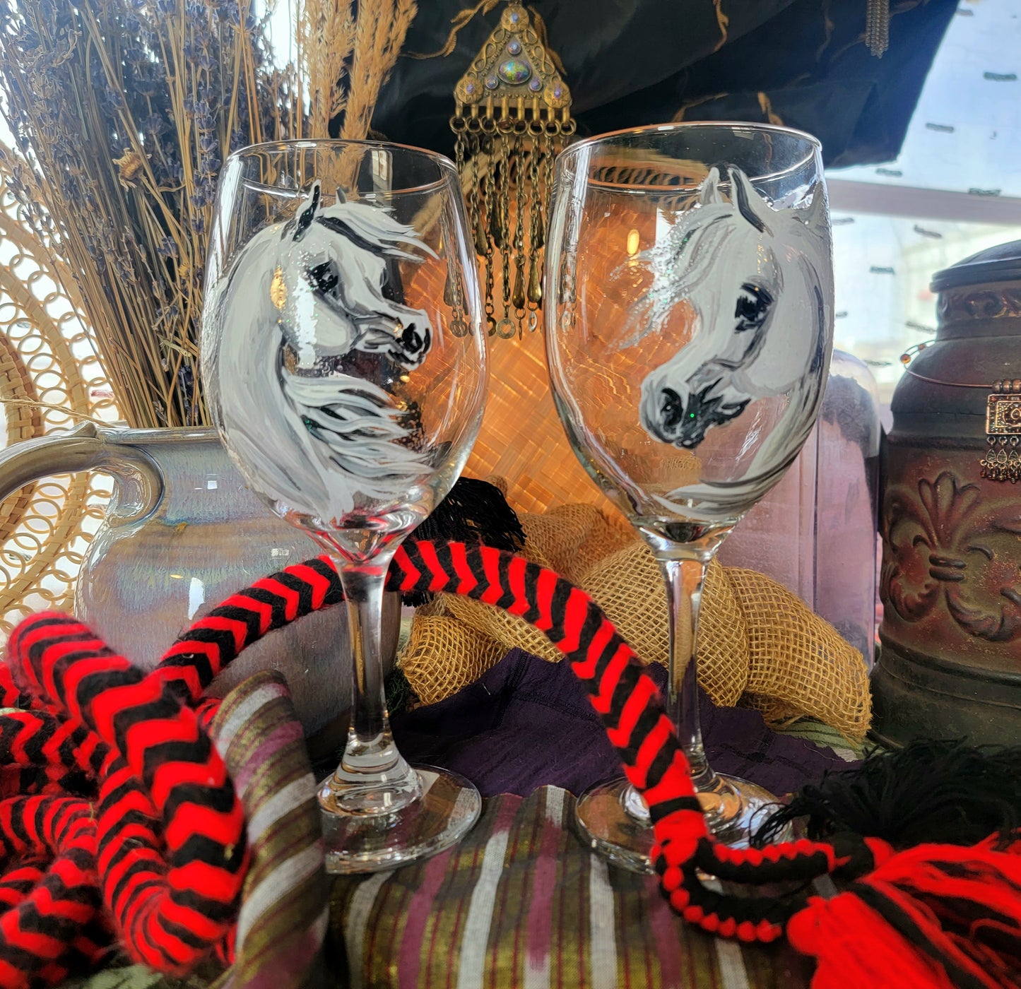 Pair of Grey Hand Painted Arabian Horse Wine Glasses