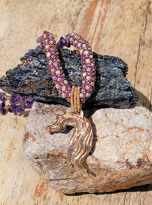 Beaded Bronze Arabian Horse Necklace
