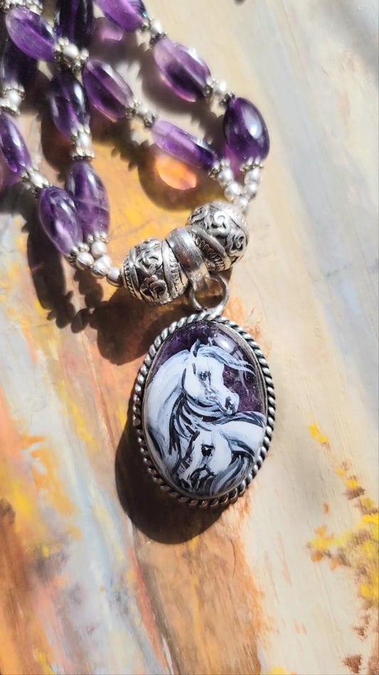 Hand Painted Arabian horse Amethyst necklace in sterling silver
