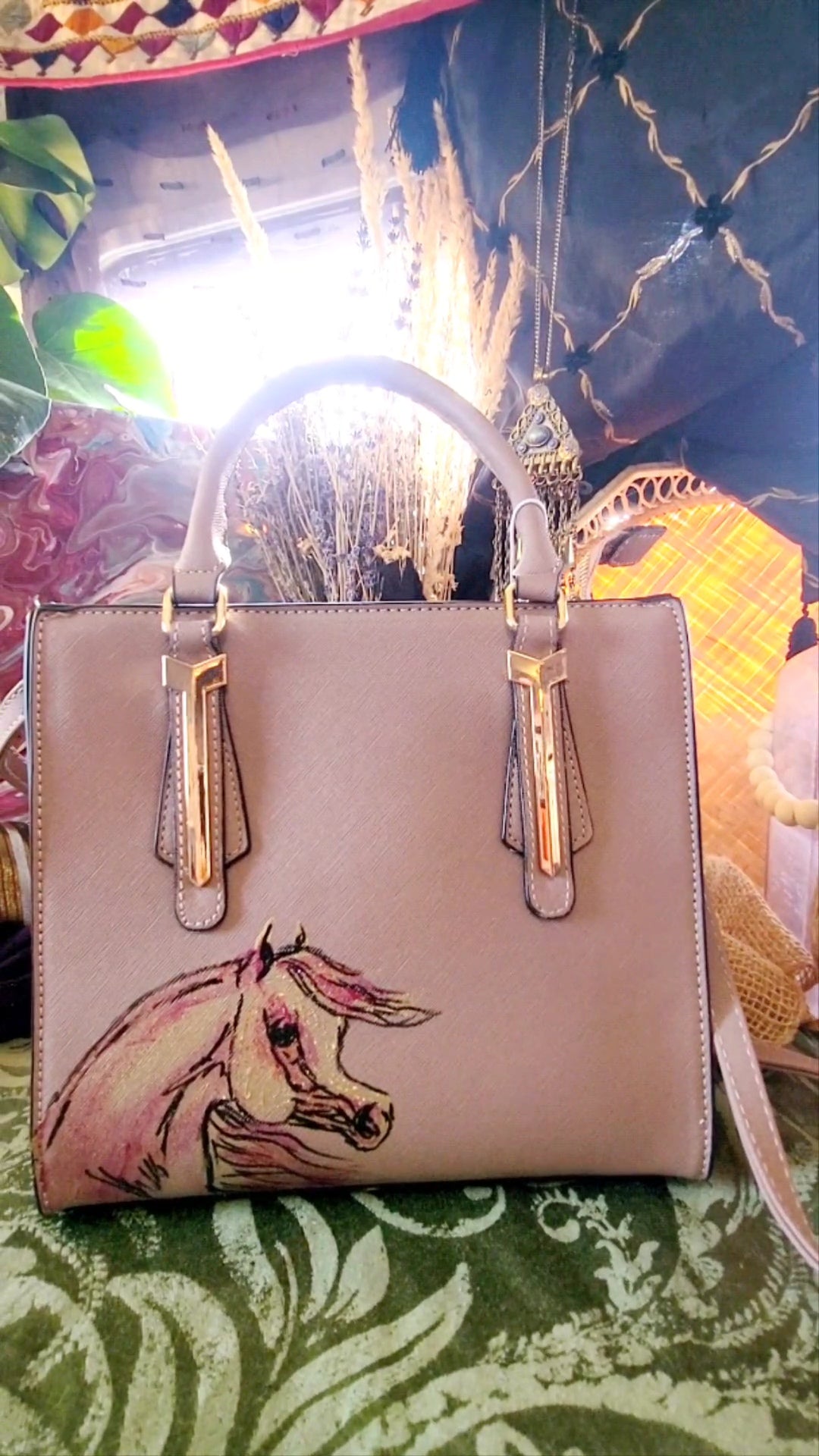 Dusty Pink Arabian Horse hand painted hand bag