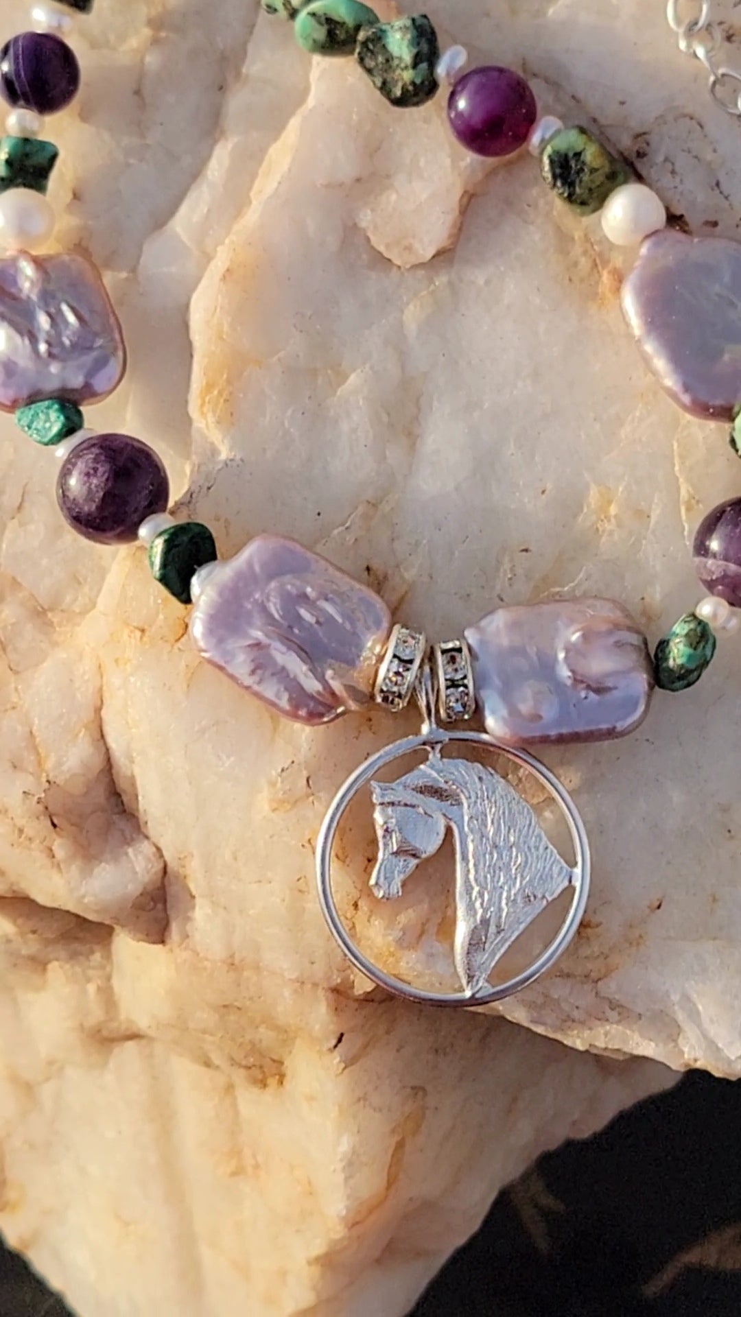 Arabian Horse Circle Adjustable Necklace Amethyst and Turquoise gemstone and sterling silver