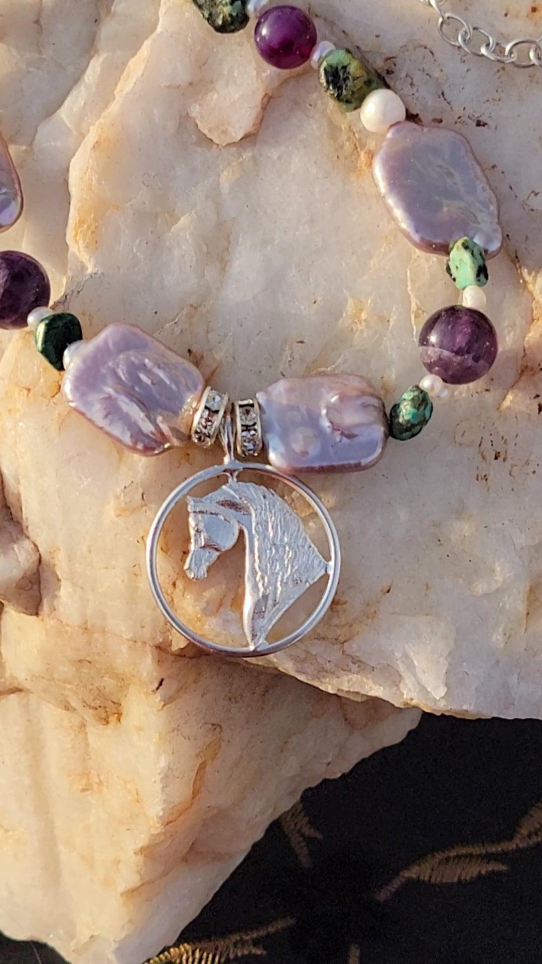 Arabian Horse Circle Adjustable Necklace Amethyst and Turquoise gemstone and sterling silver