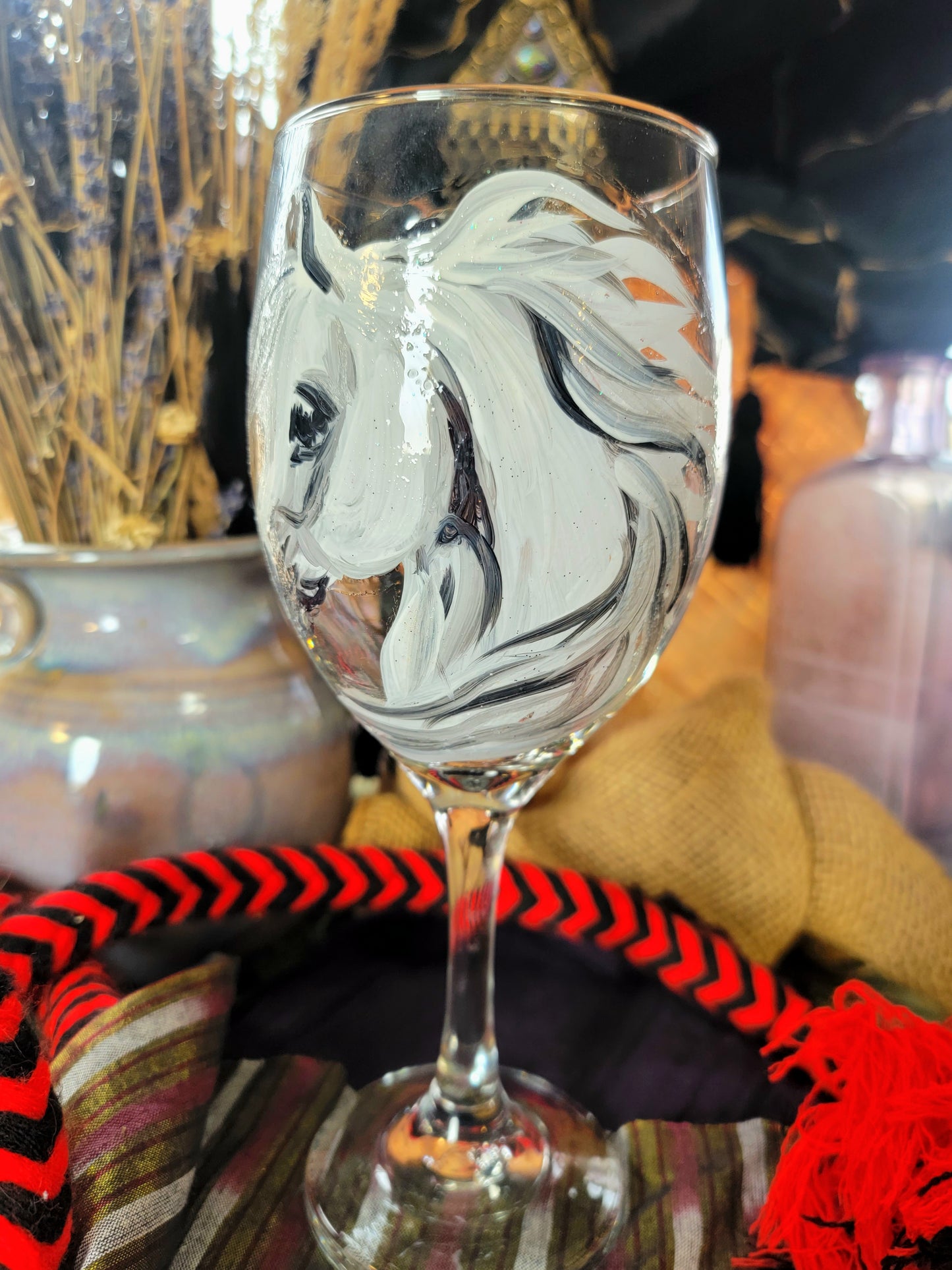 Pair of Grey Hand Painted Arabian Horse Wine Glasses