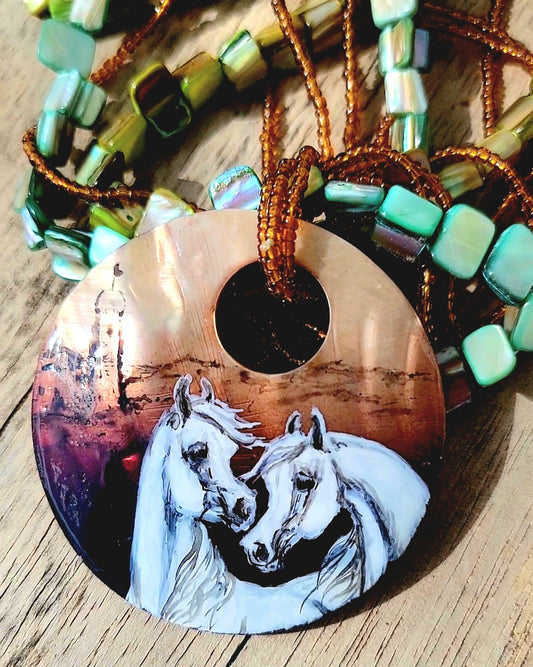 Hand Painted Arabian Horse Shell Statement Necklace