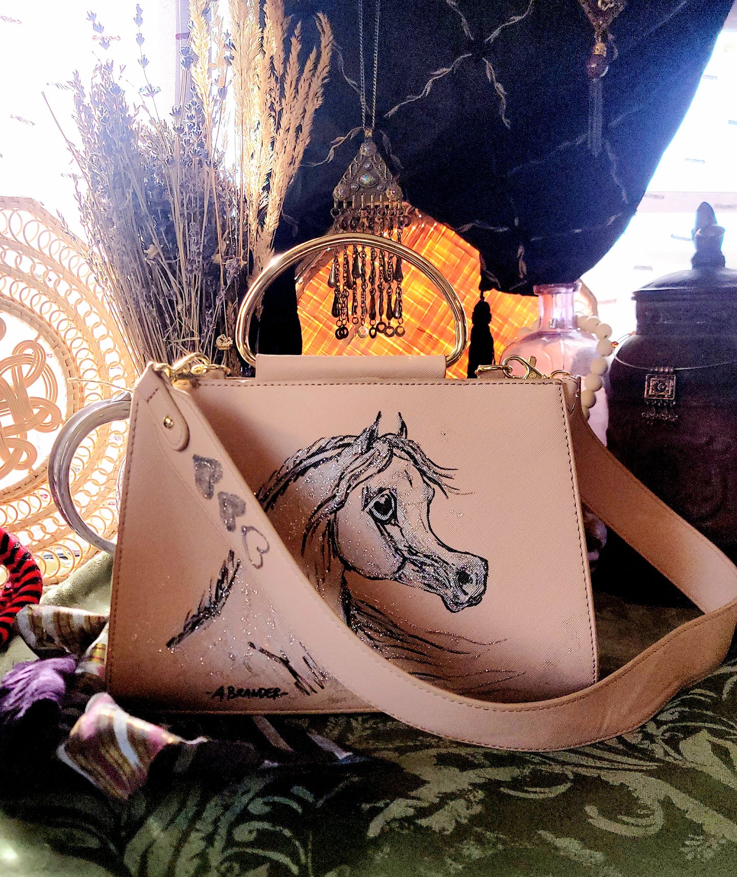 Cute Arabian Horse hand painted  upcycled pink structured handbag