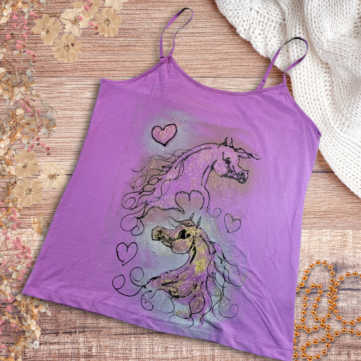 Lilac purple hand painted glitter Arabian horse tank L