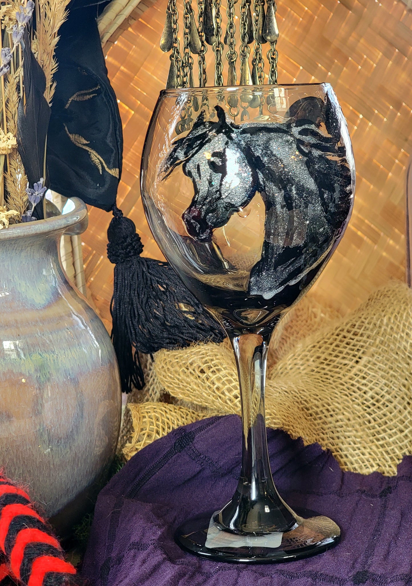 Arabian Horse Silver Glitter Heart Wine Glass