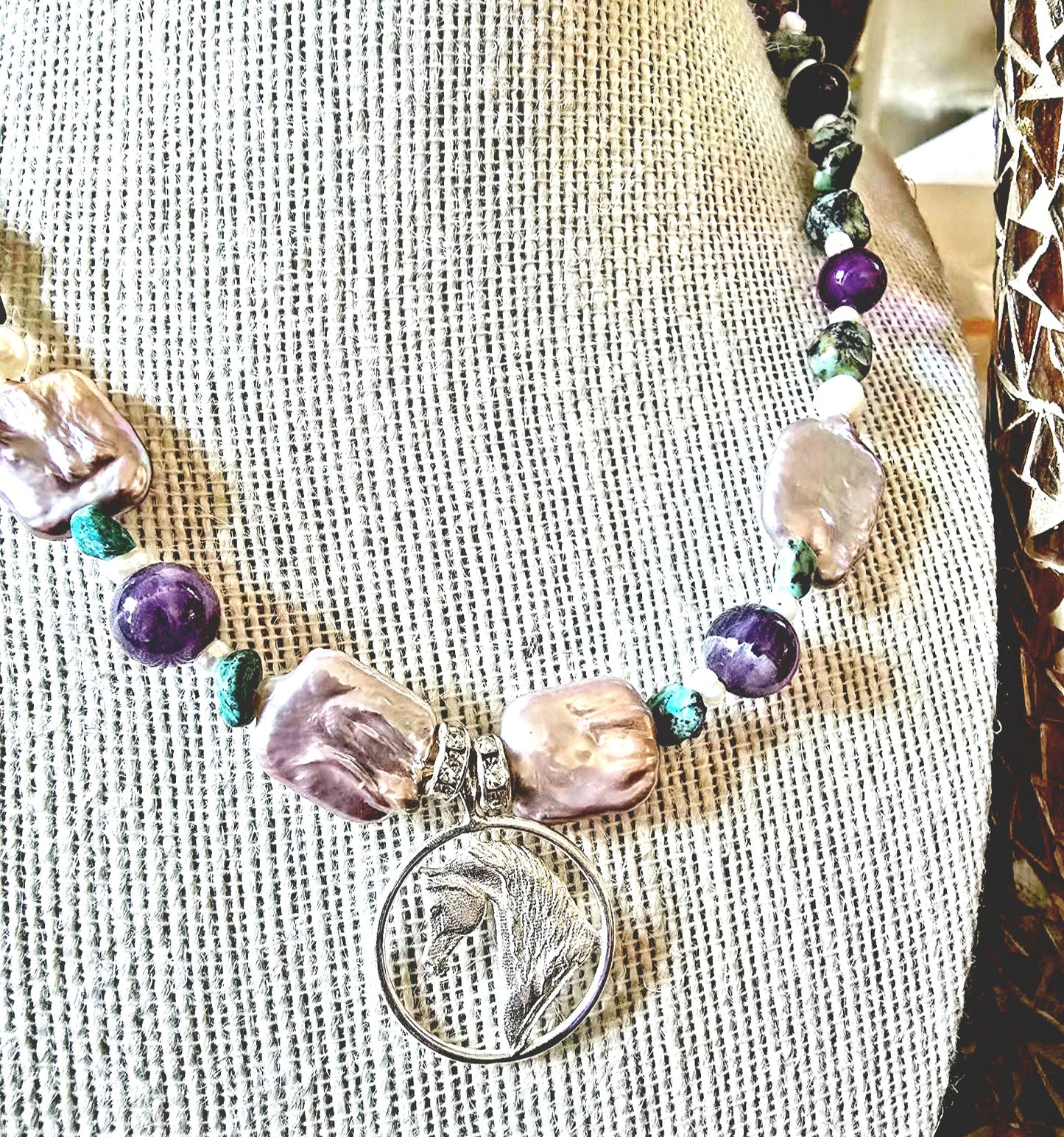 Arabian Horse Circle Adjustable Necklace Amethyst and Turquoise gemstone and sterling silver