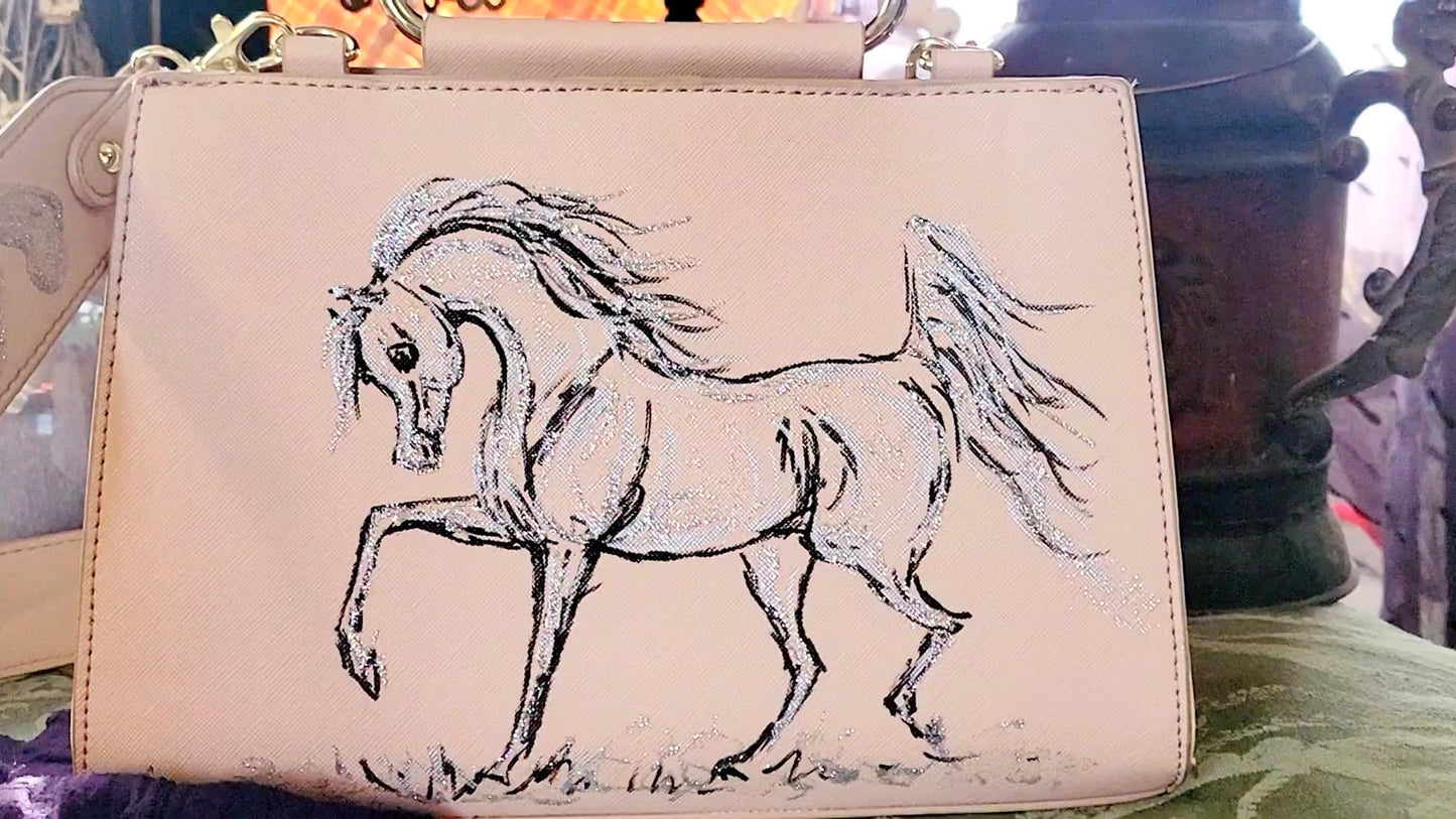 Cute Arabian Horse hand painted  upcycled pink structured handbag