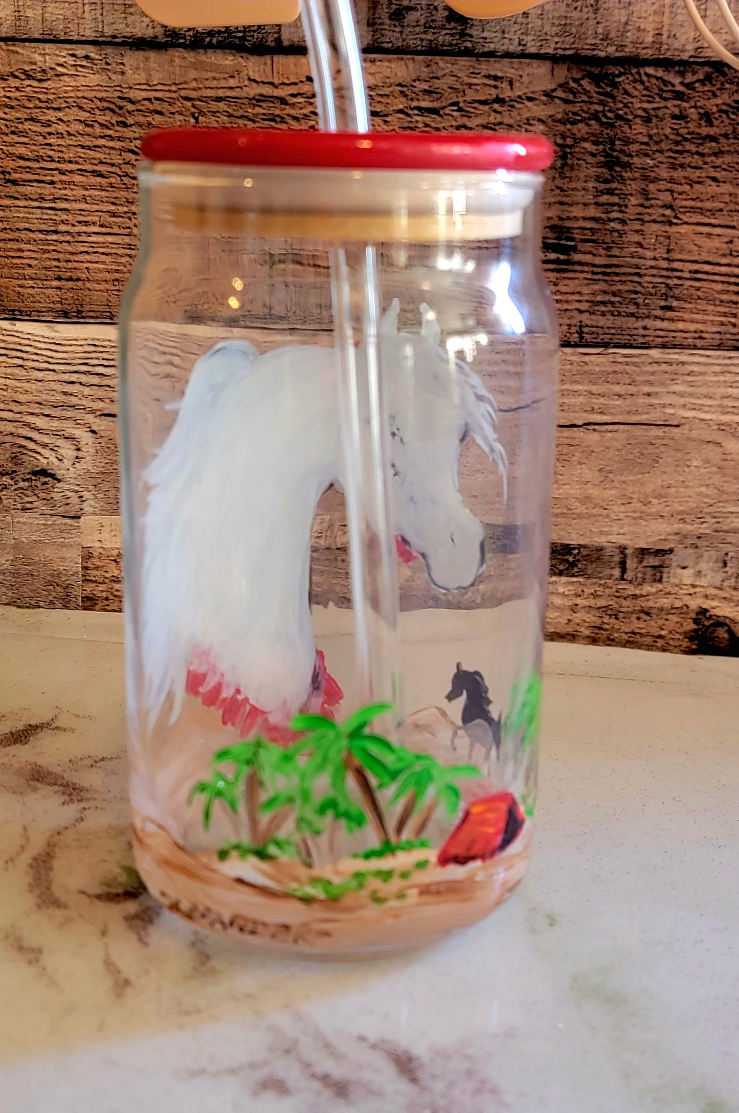 Pair of Hand Painted Arabian Horse glass Mason Jar Tumblers