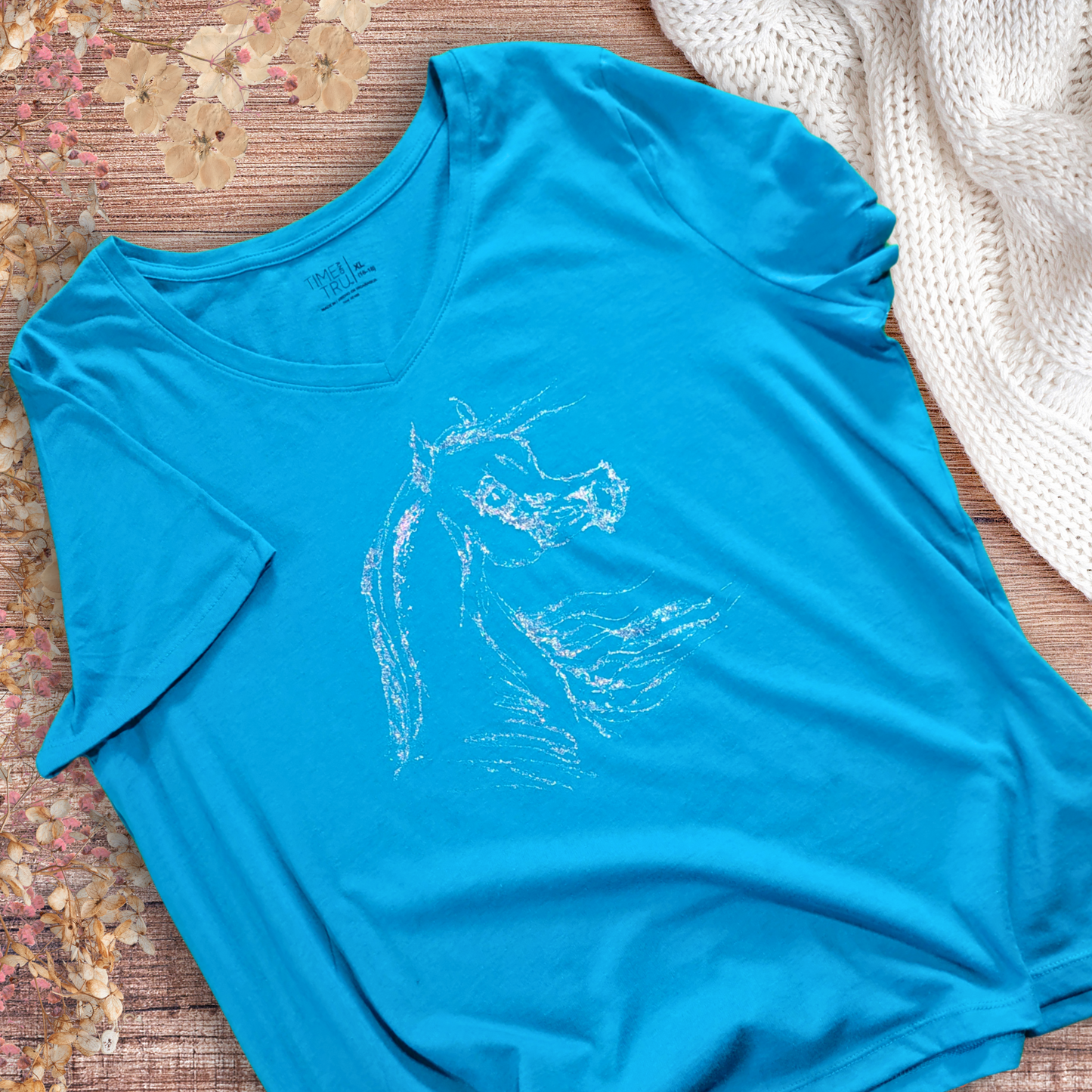 Hand painted Arabian horse ladies baby doll tee xl silver glitter