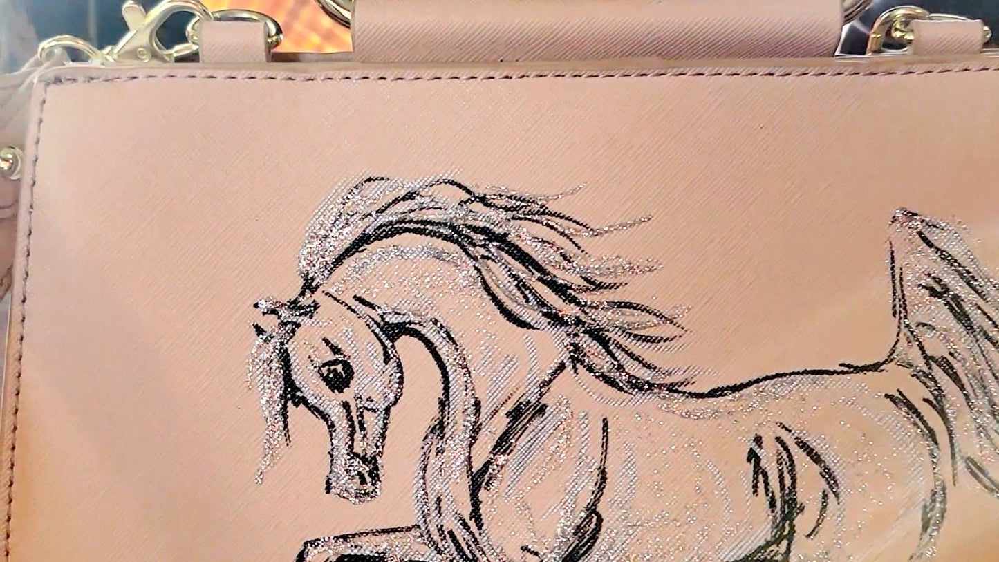 Cute Arabian Horse hand painted  upcycled pink structured handbag