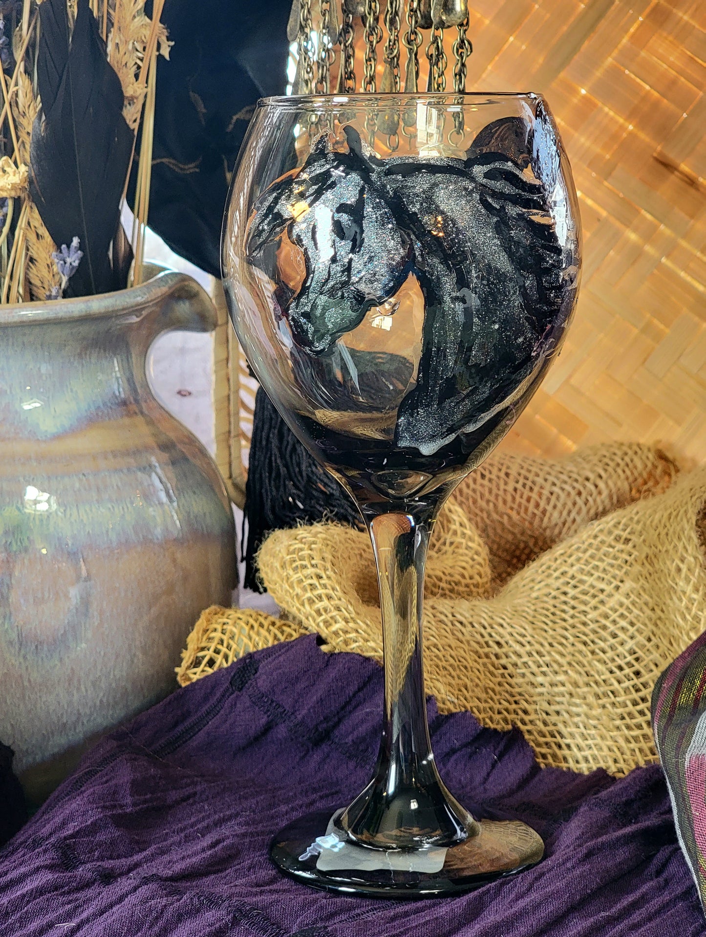 Arabian Horse Silver Glitter Heart Wine Glass