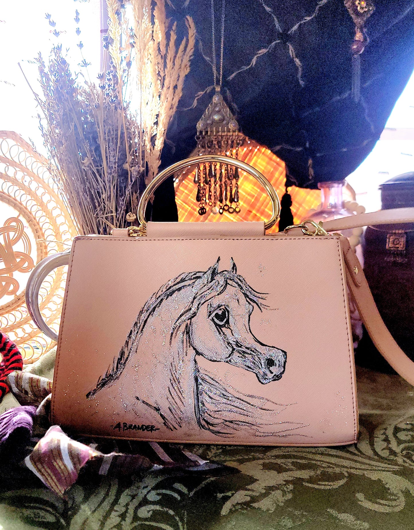 Cute Arabian Horse hand painted  upcycled pink structured handbag