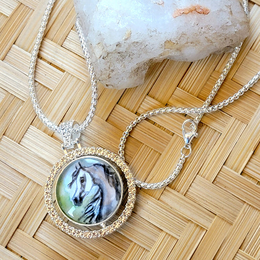 Spinning Arabian Horse Watercolor Rhinestone Necklace