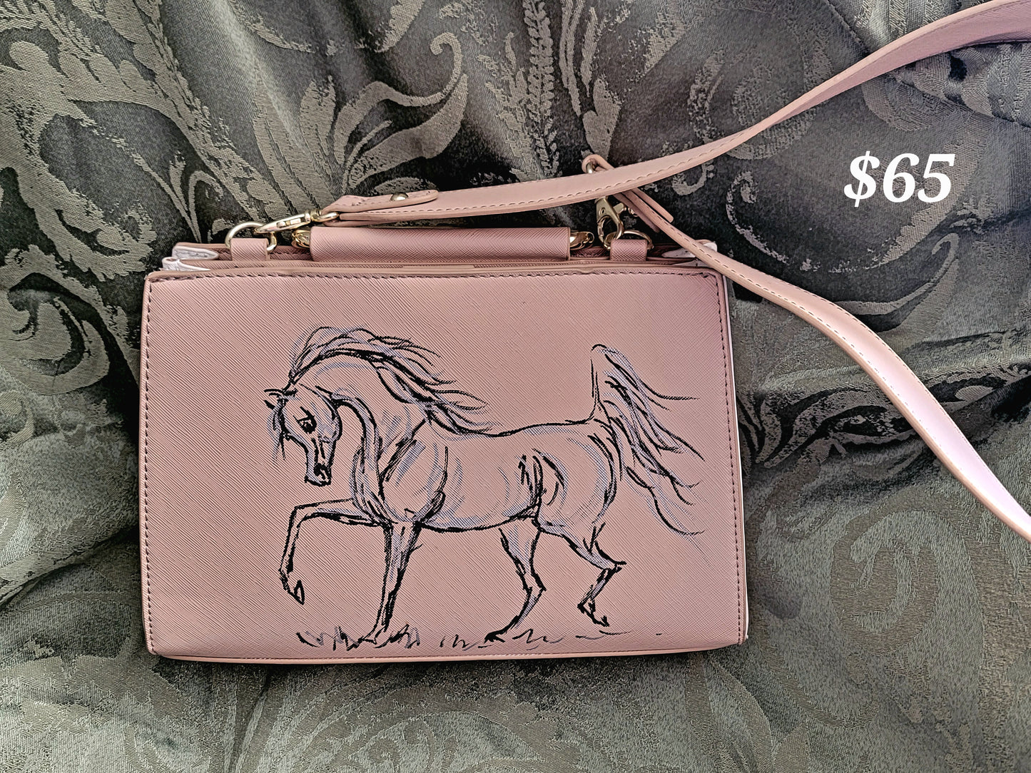 Pink Handbag Hand Painted with Arabian Horses