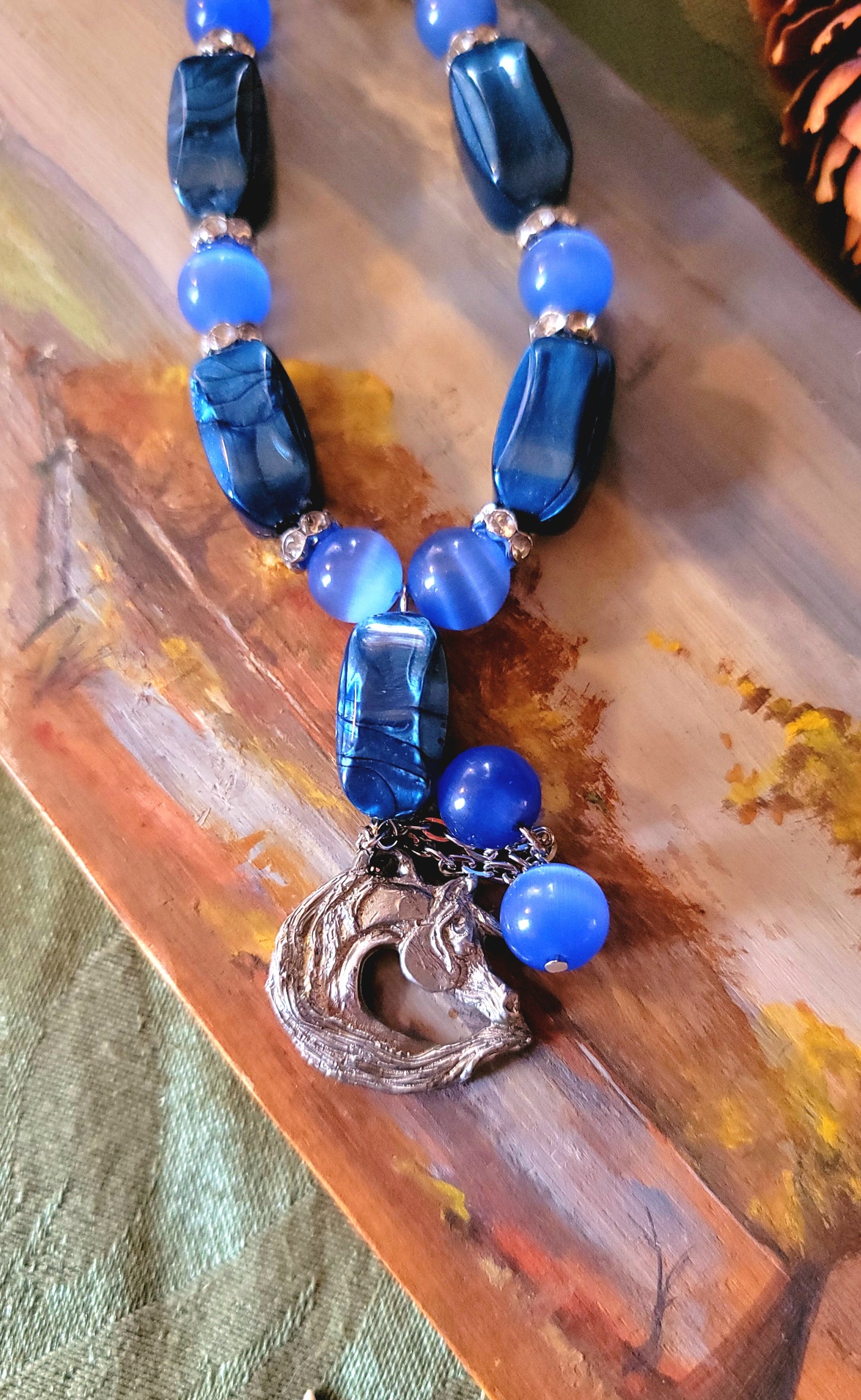 Pewter Horse Blue Necklace set